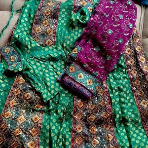 Purple and green chaniya choli; lehengha choli